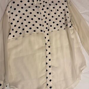 Cream and Black Polka Dot Button down blouse with Sheer Sleeves